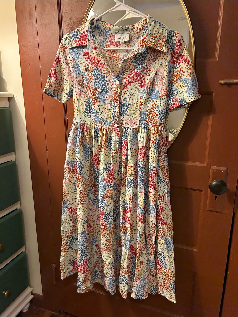 AURA Dress Womens M Floral Button Up A-Line Long Prairie Peasant Boho Cottage